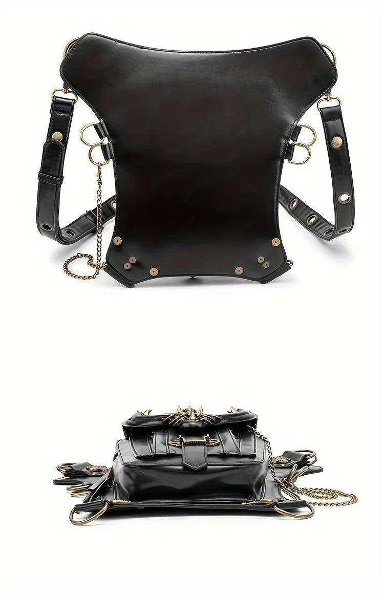 Steampunk Gothic Waist Pack with Detachable Shoulder Strap - Vintage-Inspired Faux Leather Fanny Pack for Bikers, Adjustable Belt Bag with Zip Closure & Rivet Detail, Perfect for Parties SS69