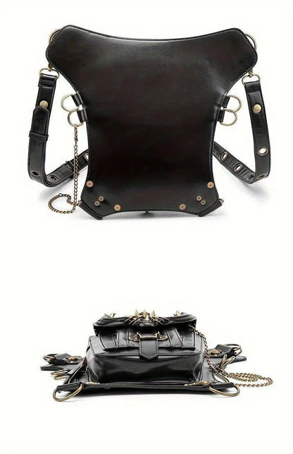 Steampunk Gothic Waist Pack with Detachable Shoulder Strap - Vintage-Inspired Faux Leather Fanny Pack for Bikers, Adjustable Belt Bag with Zip Closure & Rivet Detail, Perfect for Parties SS69