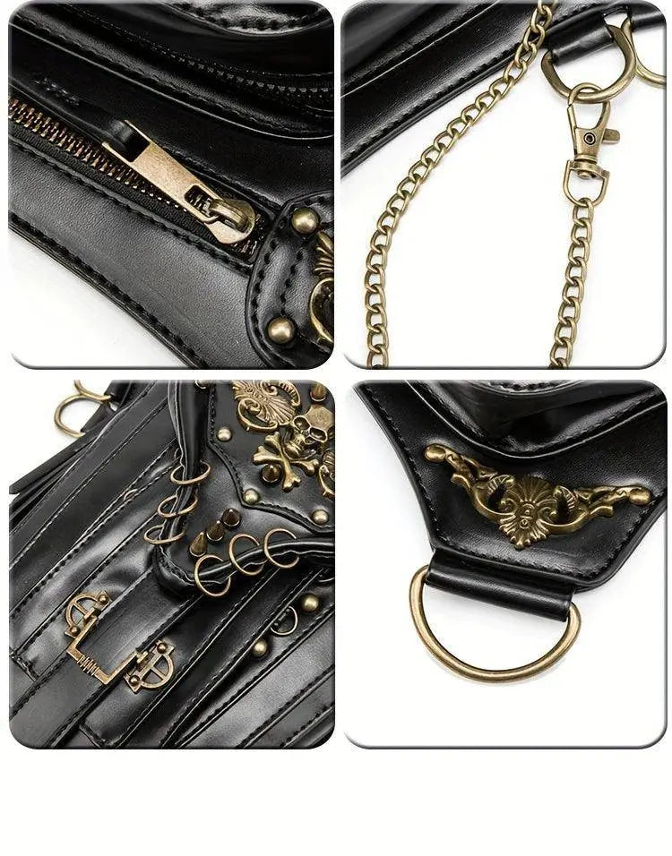 Steampunk Gothic Waist Pack with Detachable Shoulder Strap - Vintage-Inspired Faux Leather Fanny Pack for Bikers, Adjustable Belt Bag with Zip Closure & Rivet Detail, Perfect for Parties SS69