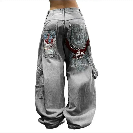 Street Y2K New Fashion Pattern Print Straight Jeans Women Harajuku Casual Loose Joker Wide-leg Pants Couple High-waisted Jeans SS69