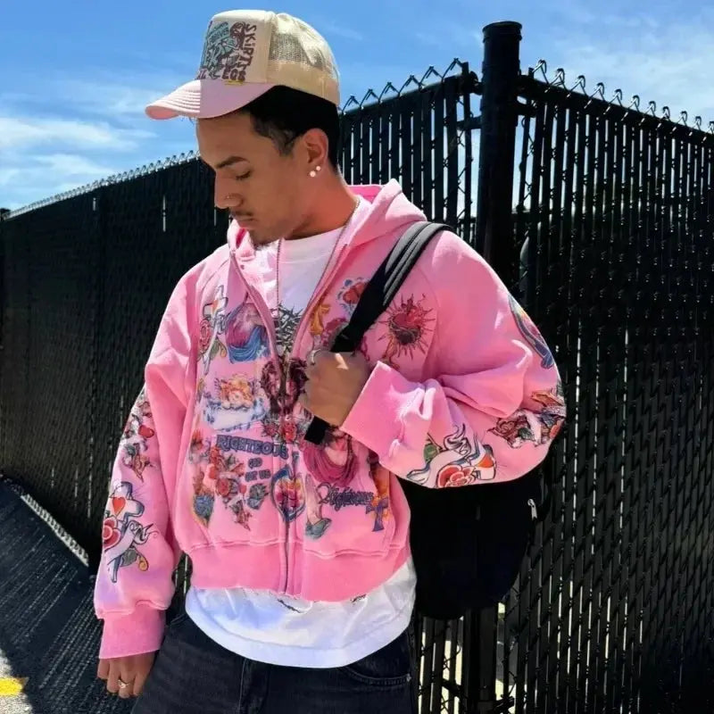 Street clothing retro pattern printed loose fitting men hoodie Gothic rock Harajuku men and women sportswear zippered hoodie SS69