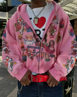 Street clothing retro pattern printed loose fitting men hoodie Gothic rock Harajuku men and women sportswear zippered hoodie SS69