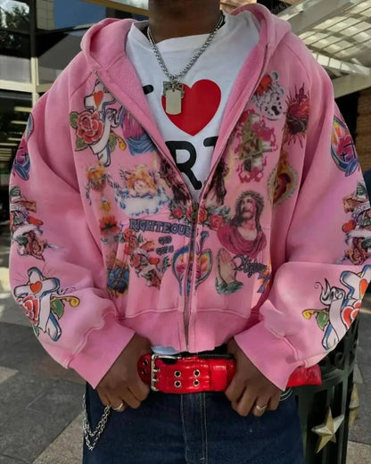 Street clothing retro pattern printed loose fitting men hoodie Gothic rock Harajuku men and women sportswear zippered hoodie SS69