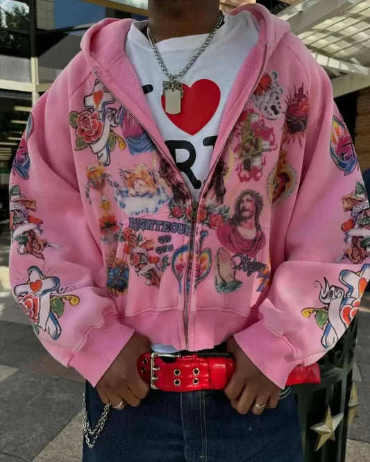 Street clothing retro pattern printed loose fitting men hoodie Gothic rock Harajuku men and women sportswear zippered hoodie SS69