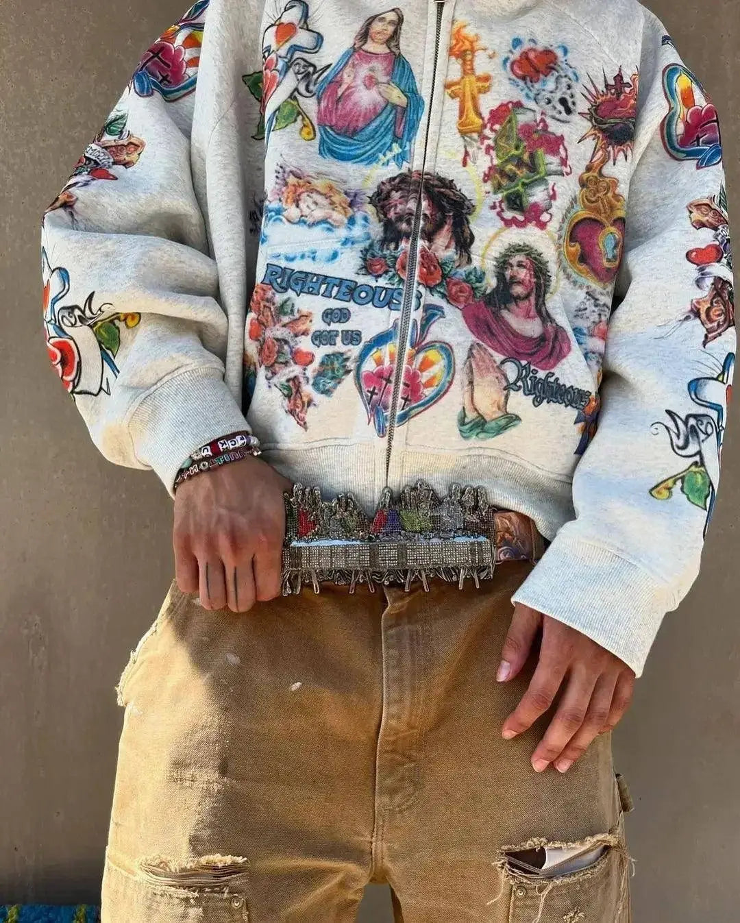 Street clothing retro pattern printed loose fitting men hoodie Gothic rock Harajuku men and women sportswear zippered hoodie SS69