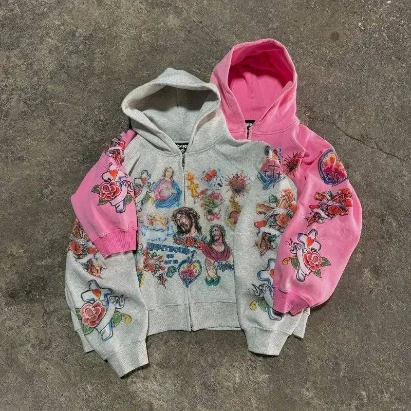 Street clothing retro pattern printed loose fitting men hoodie Gothic rock Harajuku men and women sportswear zippered hoodie SS69