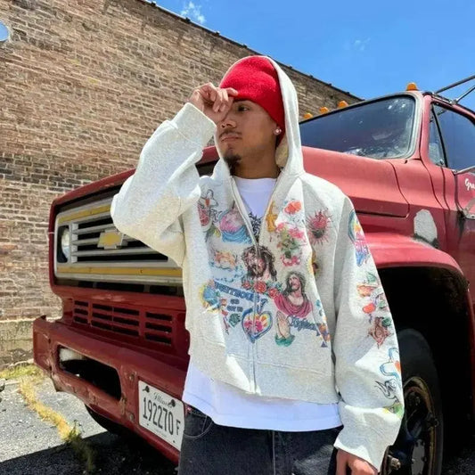 Street clothing retro pattern printed loose fitting men hoodie Gothic rock Harajuku men and women sportswear zippered hoodie SS69