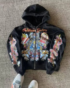Street clothing retro pattern printed loose fitting men hoodie Gothic rock Harajuku men and women sportswear zippered hoodie SS69