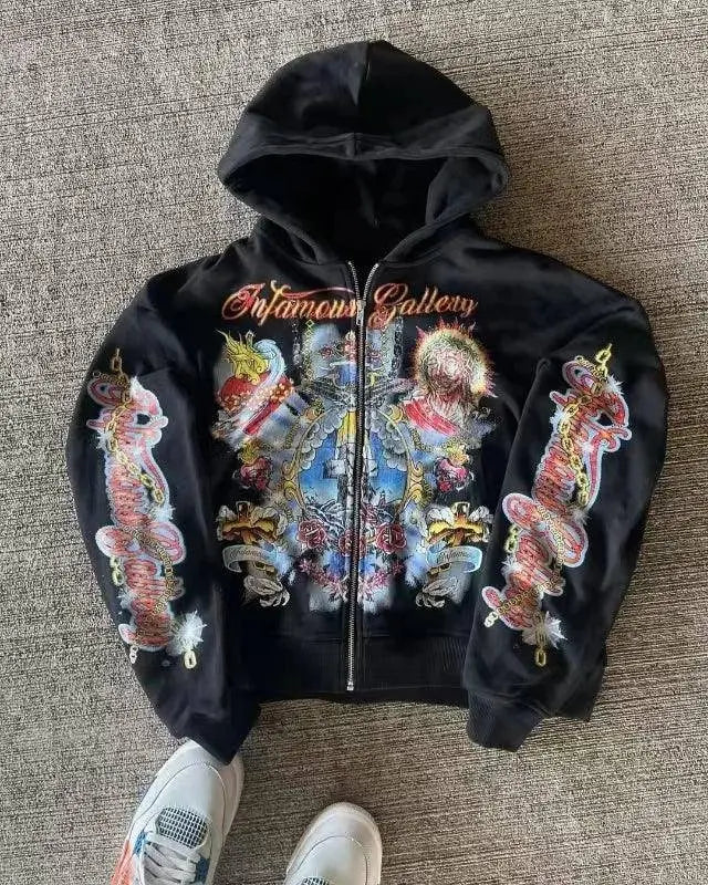 Street clothing retro pattern printed loose fitting men hoodie Gothic rock Harajuku men and women sportswear zippered hoodie SS69