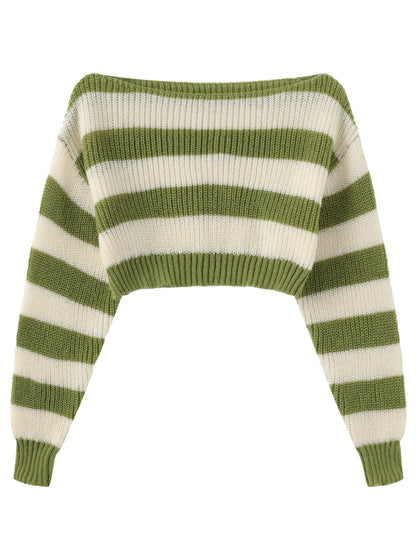 Stripe Print Boat Neck Sweater, Y2K Long Sleeve Crop Sweater For Spring & Fall, Women's Clothing - SS69