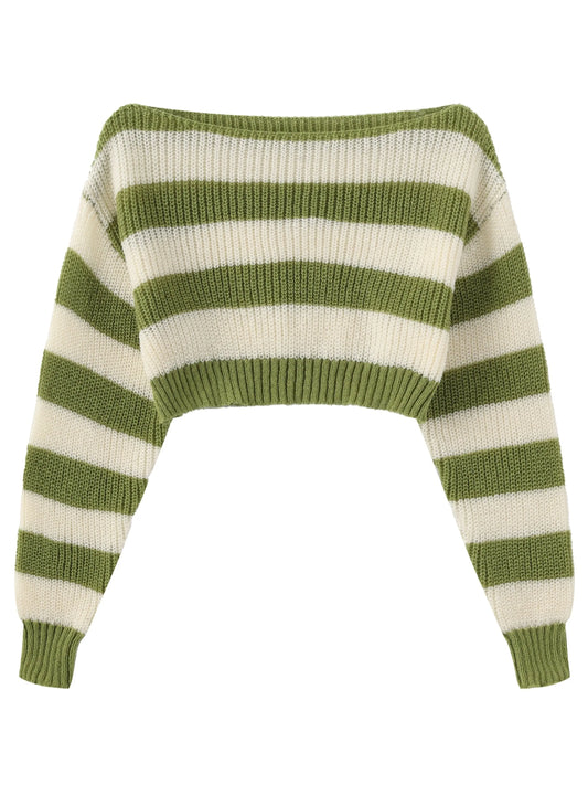 Stripe Print Boat Neck Sweater, Y2K Long Sleeve Crop Sweater For Spring & Fall, Women's Clothing - SS69