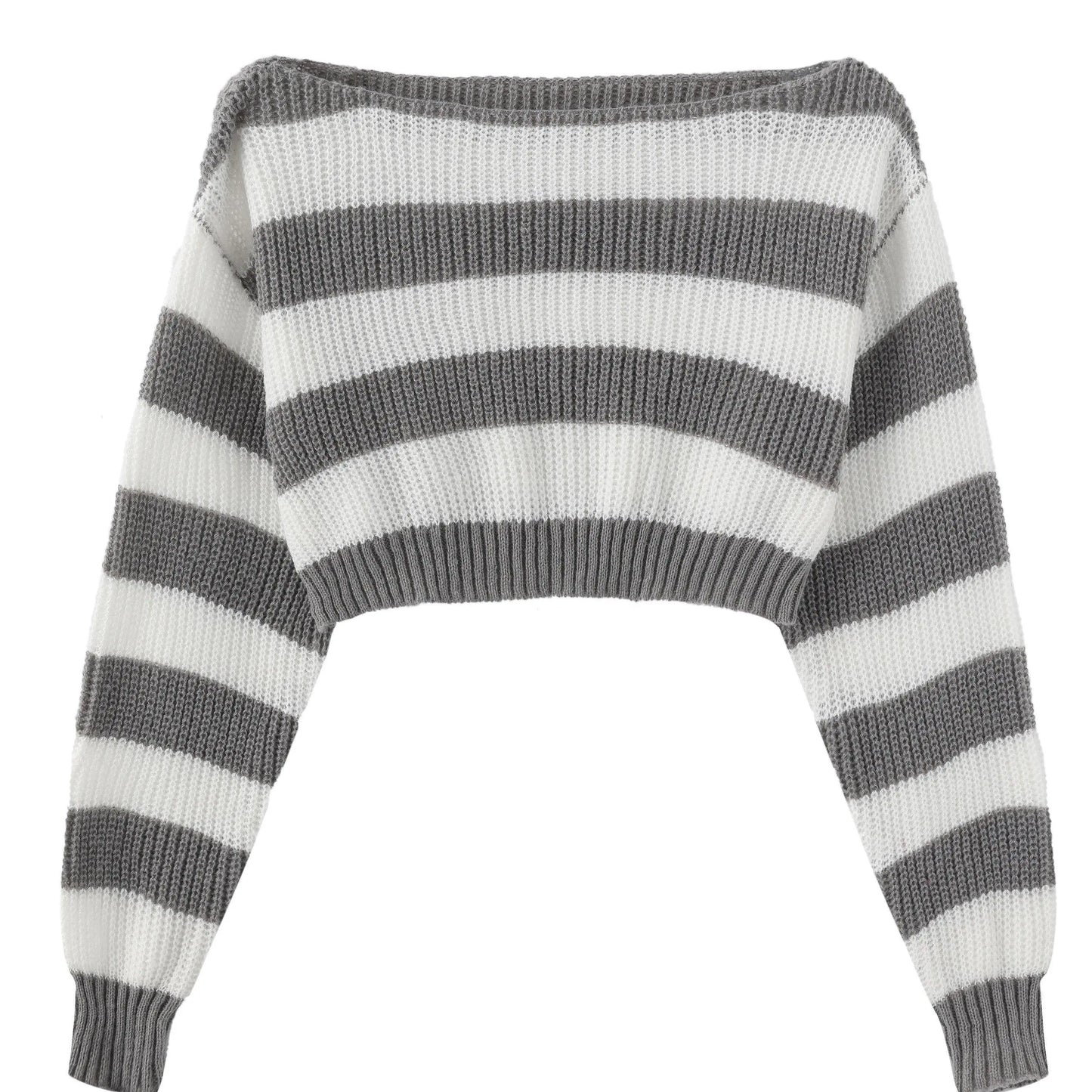 Stripe Print Boat Neck Sweater, Y2K Long Sleeve Crop Sweater For Spring & Fall, Women's Clothing - SS69