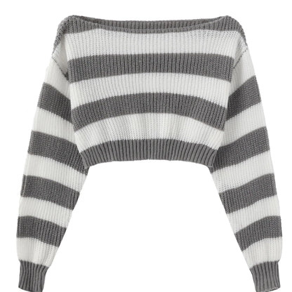 Stripe Print Boat Neck Sweater, Y2K Long Sleeve Crop Sweater For Spring & Fall, Women's Clothing - SS69