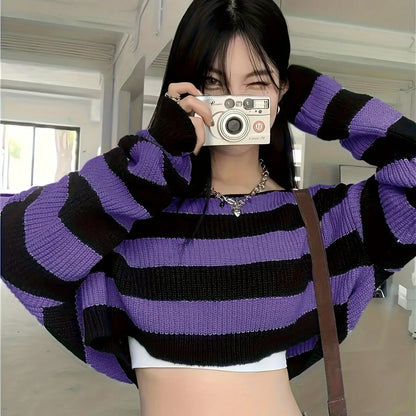 Stripe Print Boat Neck Sweater, Y2K Long Sleeve Crop Sweater For Spring & Fall, Women's Clothing - SS69