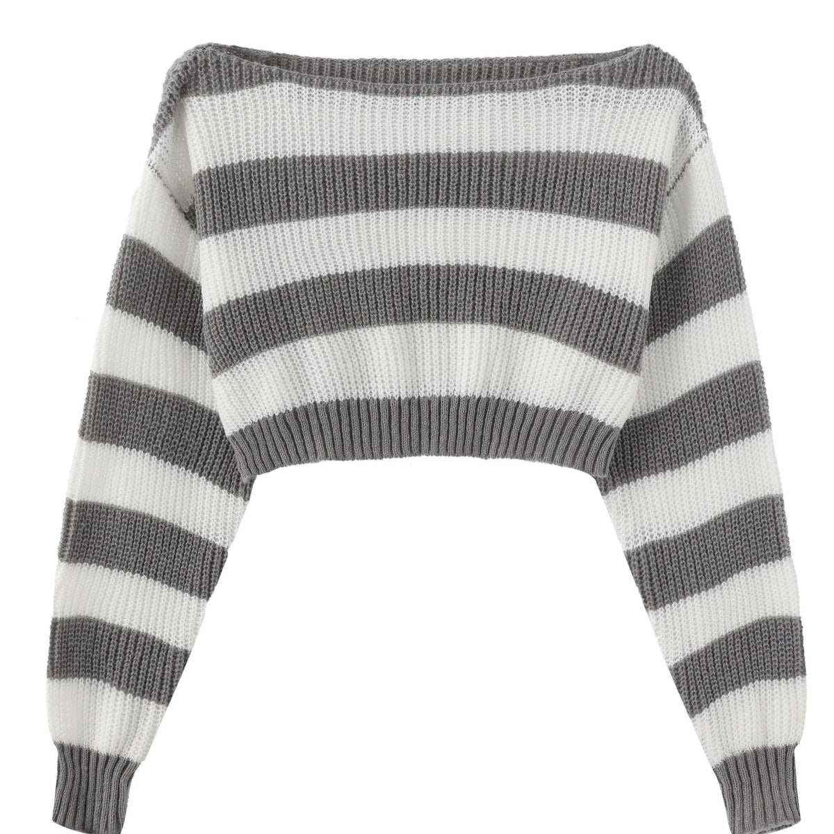 Stripe Print Boat Neck Sweater, Y2K Long Sleeve Crop Sweater For Spring & Fall, Women's Clothing - SS69