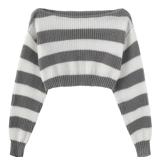 Stripe Print Boat Neck Sweater, Y2K Long Sleeve Crop Sweater For Spring & Fall, Women's Clothing - SS69