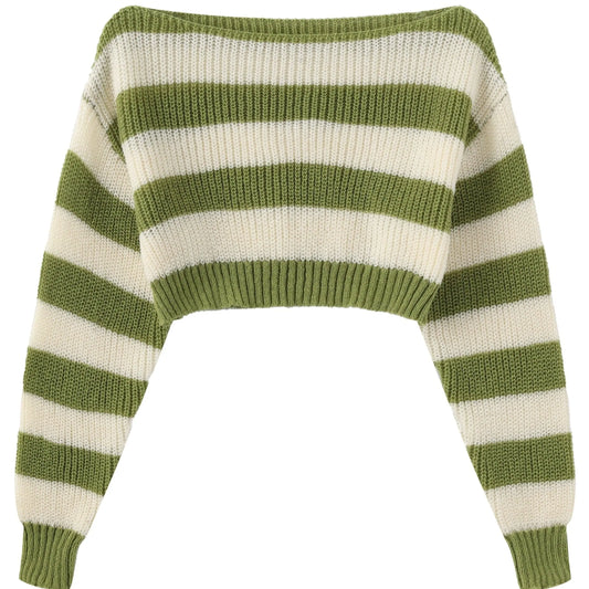 Stripe Print Boat Neck Sweater, Y2K Long Sleeve Crop Sweater For Spring & Fall, Women's Clothing - SS69