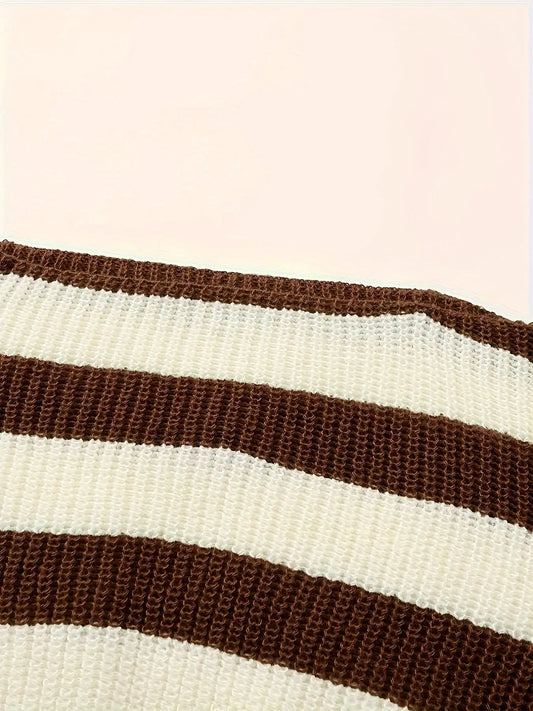 Stripe Print Boat Neck Sweater, Y2K Long Sleeve Crop Sweater For Spring & Fall, Women's Clothing - SS69