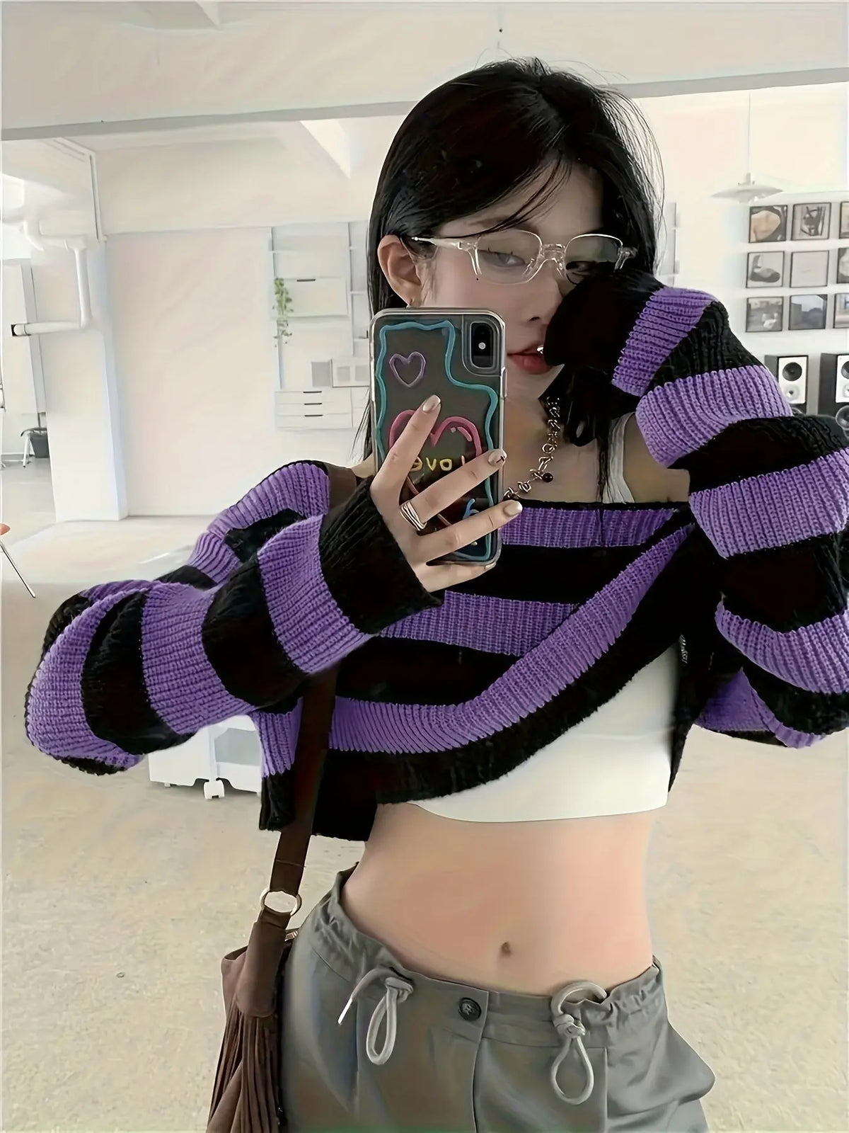 Stripe Print Boat Neck Sweater, Y2K Long Sleeve Crop Sweater For Spring & Fall, Women's Clothing - SS69