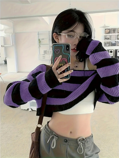 Stripe Print Boat Neck Sweater, Y2K Long Sleeve Crop Sweater For Spring & Fall, Women's Clothing - SS69