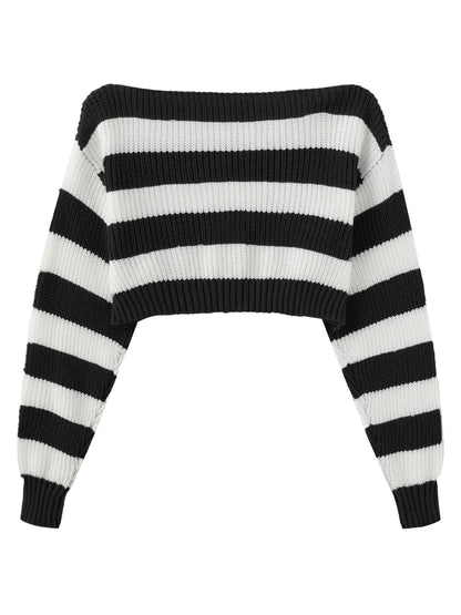 Stripe Print Boat Neck Sweater, Y2K Long Sleeve Crop Sweater For Spring & Fall, Women's Clothing - SS69