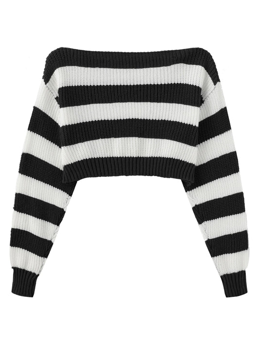 Stripe Print Boat Neck Sweater, Y2K Long Sleeve Crop Sweater For Spring & Fall, Women's Clothing - SS69