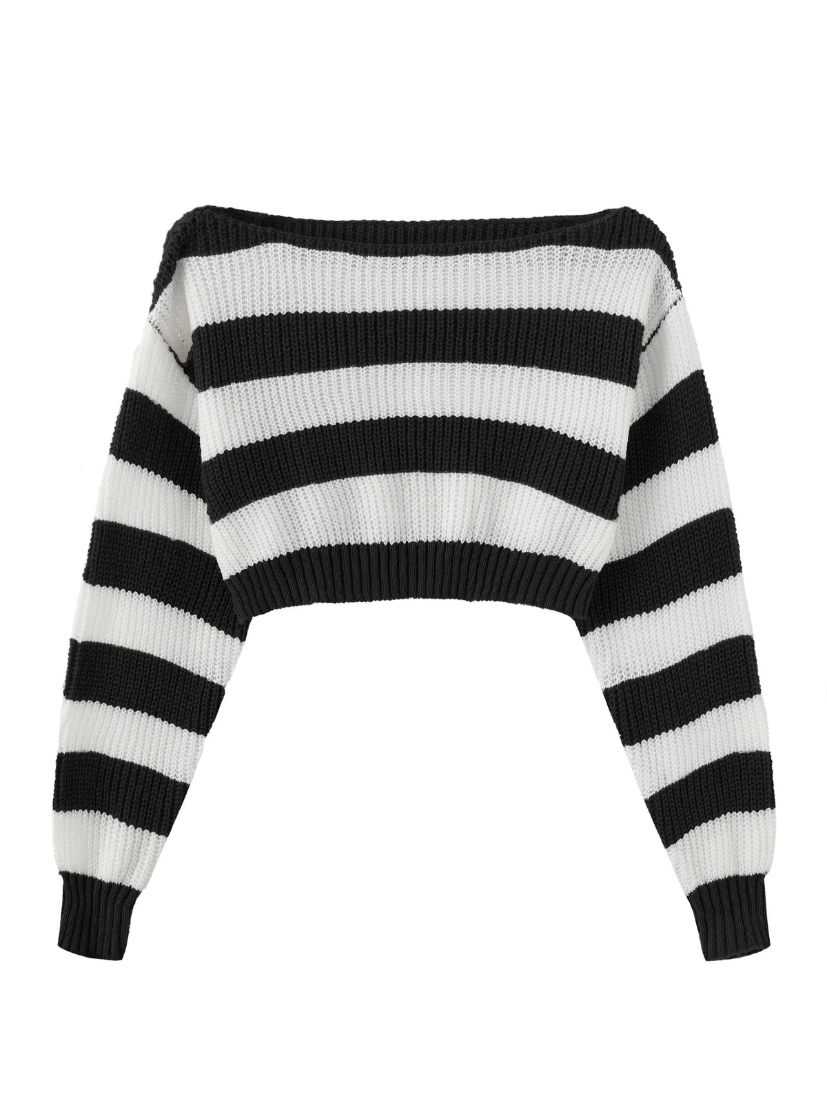 Stripe Print Boat Neck Sweater, Y2K Long Sleeve Crop Sweater For Spring & Fall, Women's Clothing - SS69