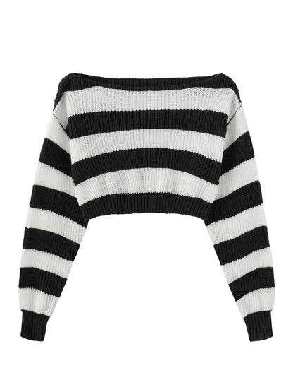 Stripe Print Boat Neck Sweater, Y2K Long Sleeve Crop Sweater For Spring & Fall, Women's Clothing - SS69