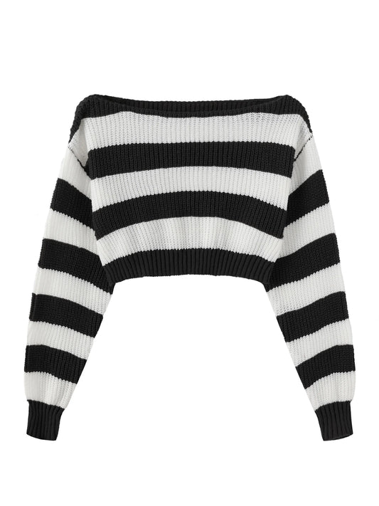 Stripe Print Boat Neck Sweater, Y2K Long Sleeve Crop Sweater For Spring & Fall, Women's Clothing - SS69