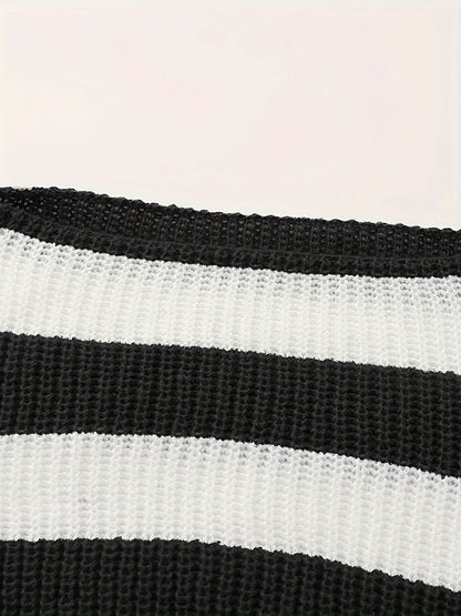 Stripe Print Boat Neck Sweater, Y2K Long Sleeve Crop Sweater For Spring & Fall, Women's Clothing - SS69