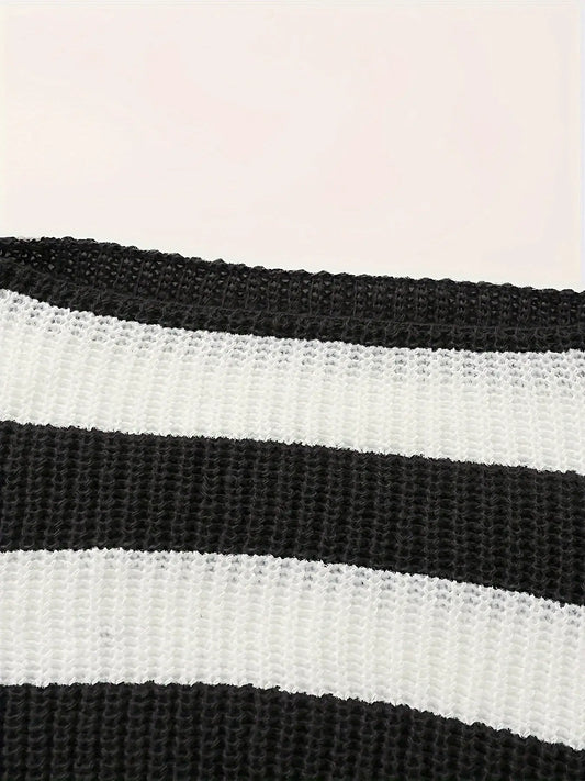 Stripe Print Boat Neck Sweater, Y2K Long Sleeve Crop Sweater For Spring & Fall, Women's Clothing - SS69