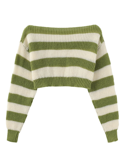 Stripe Print Boat Neck Sweater, Y2K Long Sleeve Crop Sweater For Spring & Fall, Women's Clothing - SS69