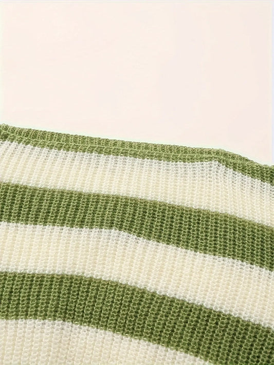 Stripe Print Boat Neck Sweater, Y2K Long Sleeve Crop Sweater For Spring & Fall, Women's Clothing - SS69