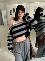 Stripe Print Boat Neck Sweater, Y2K Long Sleeve Crop Sweater For Spring & Fall, Women's Clothing - SS69
