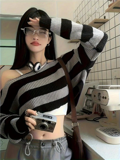 Stripe Print Boat Neck Sweater, Y2K Long Sleeve Crop Sweater For Spring & Fall, Women's Clothing - SS69