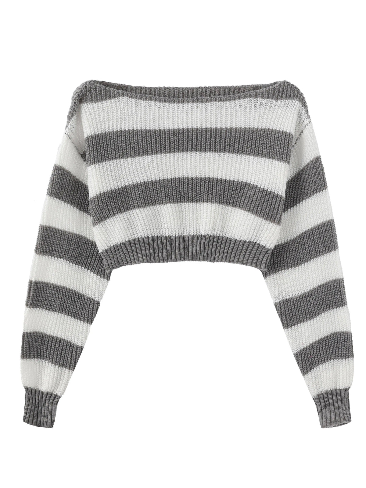 Stripe Print Boat Neck Sweater, Y2K Long Sleeve Crop Sweater For Spring & Fall, Women's Clothing - SS69