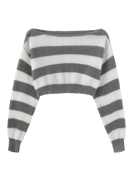 Stripe Print Boat Neck Sweater, Y2K Long Sleeve Crop Sweater For Spring & Fall, Women's Clothing - SS69