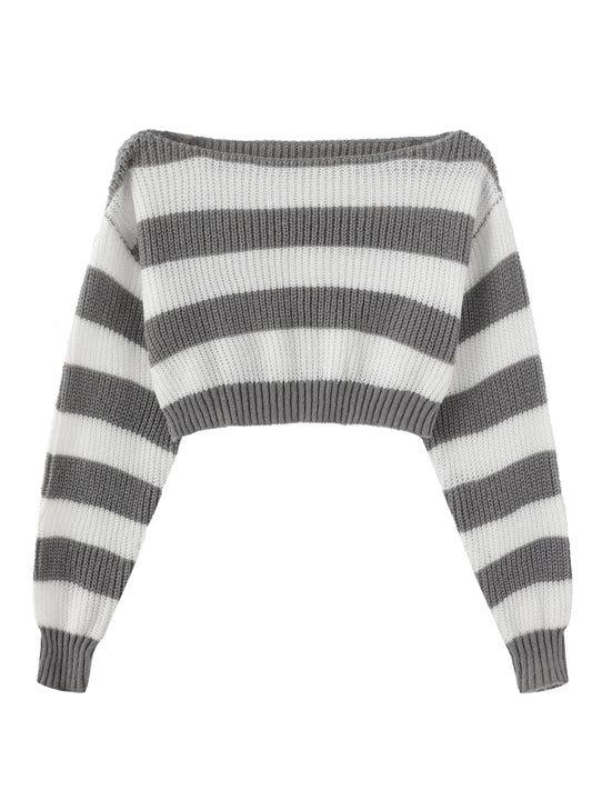 Stripe Print Boat Neck Sweater, Y2K Long Sleeve Crop Sweater For Spring & Fall, Women's Clothing - SS69