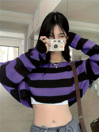 Stripe Print Boat Neck Sweater, Y2K Long Sleeve Crop Sweater For Spring & Fall, Women's Clothing - SS69