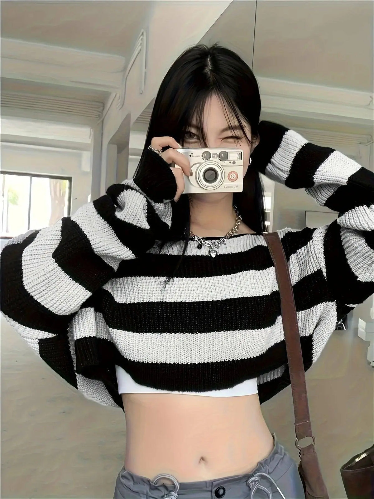 Stripe Print Boat Neck Sweater, Y2K Long Sleeve Crop Sweater For Spring & Fall, Women's Clothing - SS69