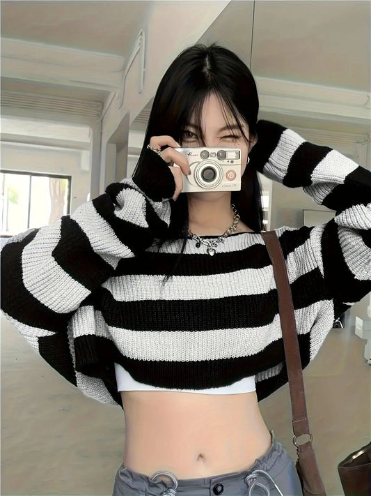 Stripe Print Boat Neck Sweater, Y2K Long Sleeve Crop Sweater For Spring & Fall, Women's Clothing - SS69