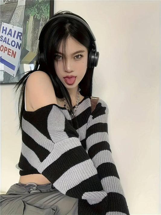 Stripe Print Boat Neck Sweater, Y2K Long Sleeve Crop Sweater For Spring & Fall, Women's Clothing - SS69