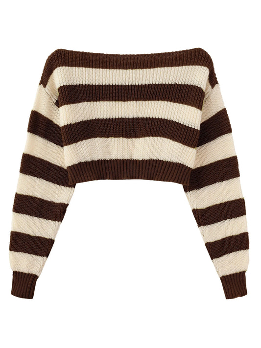 Stripe Print Boat Neck Sweater, Y2K Long Sleeve Crop Sweater For Spring & Fall, Women's Clothing - SS69