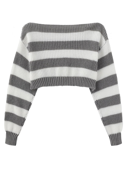 Stripe Print Boat Neck Sweater, Y2K Long Sleeve Crop Sweater For Spring & Fall, Women's Clothing - SS69