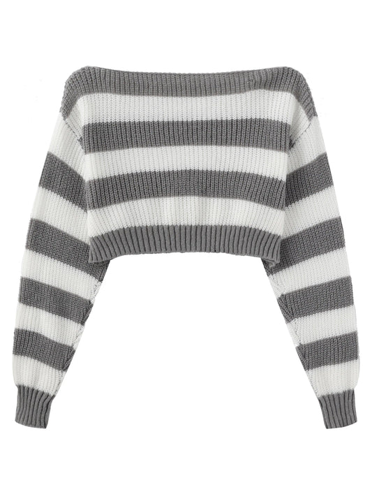 Stripe Print Boat Neck Sweater, Y2K Long Sleeve Crop Sweater For Spring & Fall, Women's Clothing - SS69
