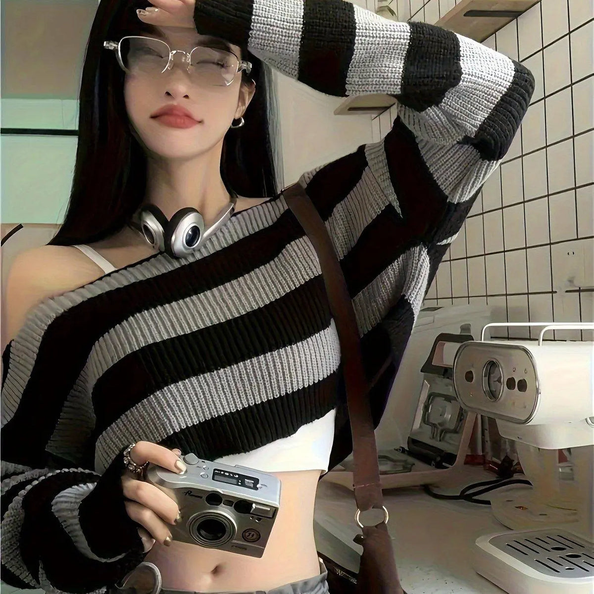 Stripe Print Boat Neck Sweater, Y2K Long Sleeve Crop Sweater For Spring & Fall, Women's Clothing - SS69