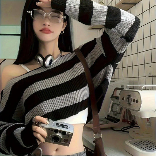Stripe Print Boat Neck Sweater, Y2K Long Sleeve Crop Sweater For Spring & Fall, Women's Clothing - SS69