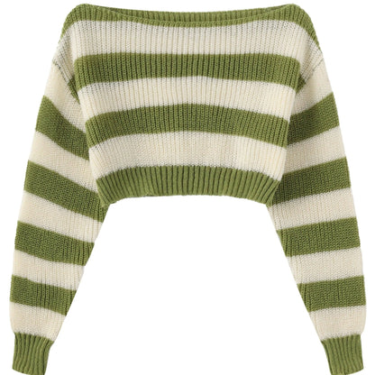 Stripe Print Boat Neck Sweater, Y2K Long Sleeve Crop Sweater For Spring & Fall, Women's Clothing - SS69