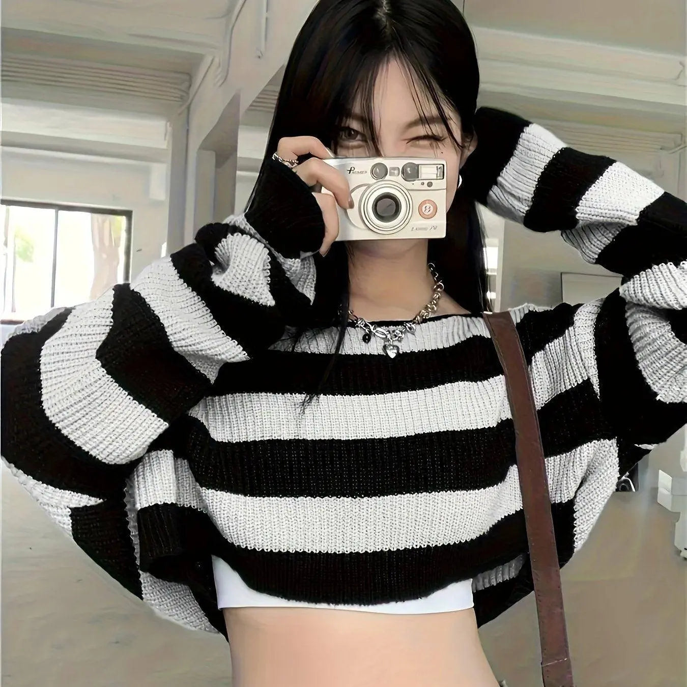 Stripe Print Boat Neck Sweater, Y2K Long Sleeve Crop Sweater For Spring & Fall, Women's Clothing - SS69