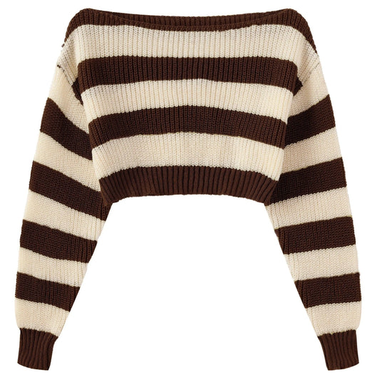 Stripe Print Boat Neck Sweater, Y2K Long Sleeve Crop Sweater For Spring & Fall, Women's Clothing - SS69